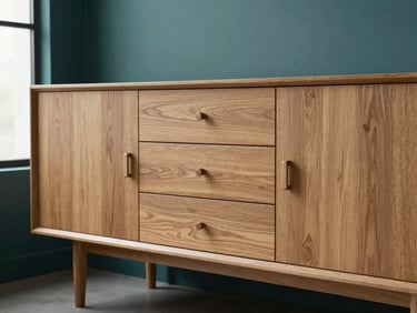 Studio shot of a modern solid oak sideboard with three drawers and clean lines, soft window light, warm sand tones, architectural interior style