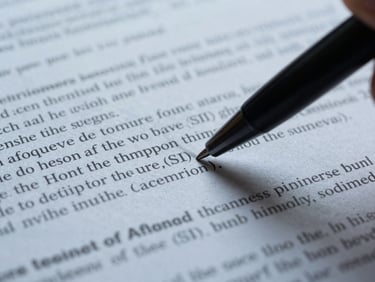 Macro close-up of a printed SII document with dense regulation text, a black pen pointing at a specific line, cool diffused daylight from above, no people visible