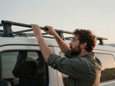 Candid portrait of a man with a beard adjusting a roof rack on a van, golden hour light, documentary photography