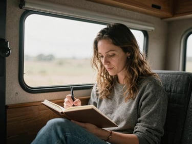 Candid portrait of a woman writing in a notebook inside a cozy camper van, soft window light, warm tones