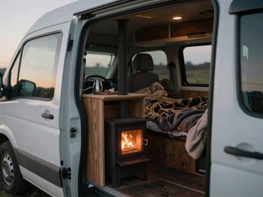 Interior of a warm camper van cabin at dusk, wood stove glowing softly, cozy blankets, documentary film style.