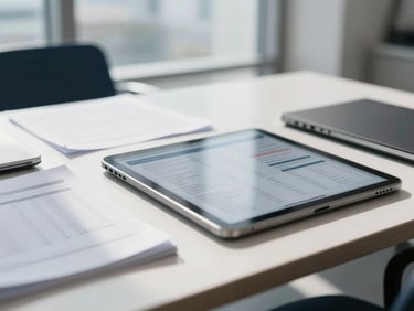 A modern, sunlit office table with structured notes and a tablet showing ad campaign metrics, shallow depth of field