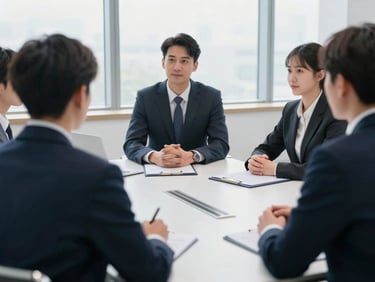 Over-the-shoulder perspective of a collaborative meeting in a bright board room, soft shadows, 50mm