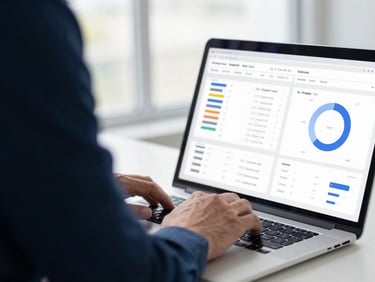 Close-up of a strategist analyzing clean data dashboards on a laptop, bright natural window light, navy tones, shallow depth of field