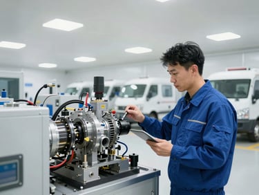 Professional technician in uniform inspecting a complex mechanical system in a clean commercial building, bright high-key indoor lighting, sharp focus.