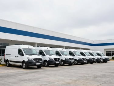 Branded Signature Management Group fleet vehicle parked outside a modern commercial building, bright overcast daylight, wide environmental shot.