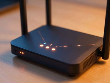 Close-up of a modern high-performance Wi-Fi router with glowing status lights on a minimalist desk, warm ambient lighting