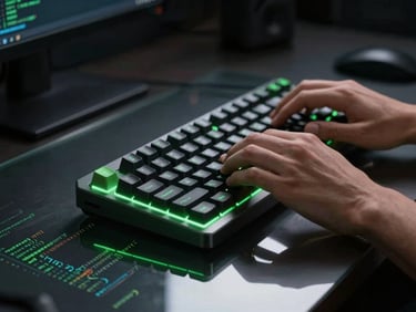 Sleek tech photography, dark ambient studio lighting, electric volt green accents, macro depth of field, 35mm. A close-up of a developer's hands typing on a mechanical keyboard, code reflected on a glass desk.