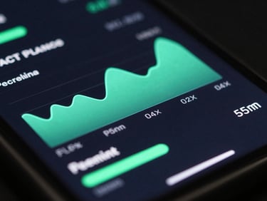Macro shot of a dark-mode mobile dashboard interface with glowing cyan and volt green charts, high-contrast backlighting, sleek tech photography, 35mm
