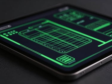 Sleek tech photography, dark ambient studio lighting, electric volt green accents, macro depth of field, 35mm. High-contrast macro shot of a digital wireframe layout on a modern tablet screen.