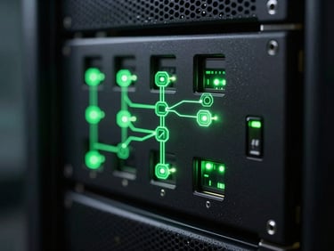Sleek tech photography, dark ambient studio lighting, electric volt green accents, macro depth of field, 35mm. Abstract glowing digital nodes and server rack indicator lights in a dark room.