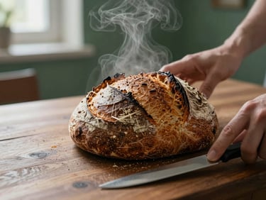 Close-up of steam rising from fresh sourdough bread on a dark wooden counter, hands holding a knife nearby, soft natural light.