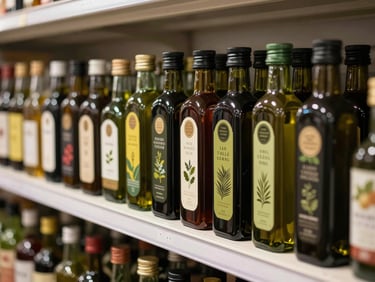 A beautifully arranged shelf of artisanal olive oil bottles and fresh herbs in a Scandinavian-style market, deep shadows.