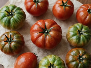 Overhead flat-lay of freshly harvested organic heirloom tomatoes of various deep crimson and green shades resting on a rustic parchment surface, natural side light, shallow depth of field