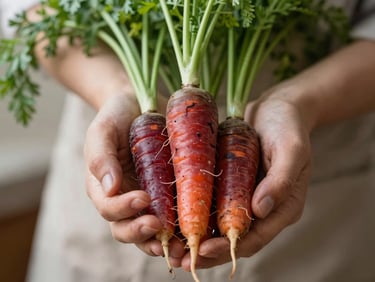 Close-up of dirty hands holding freshly harvested heirloom carrots with green tops, soft morning light, shallow depth of field.