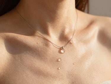 Close-up of a delicate steel necklace on skin, water droplets reflecting warm direct light, clean architectural composition.