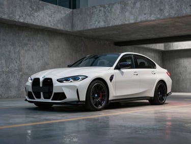 Low-angle wide shot of a pristine white BMW M3 Competition parked in a modern, clean concrete garage, dramatic lighting emphasizing metallic body lines, cool metallic tones, 35mm lens.