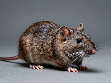 Scientific close-up of a sewer rat, highlighting its robust body and coarse fur, clinical studio lighting
