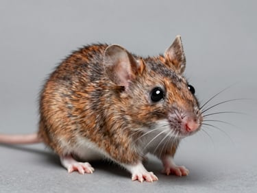 High-definition macro portrait of a small house mouse, clean gray background, focused lighting on its eyes and whiskers
