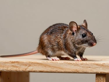 Macro photo of a roof rat, showing large ears and long tail, balanced on a clean wooden structure, neutral background