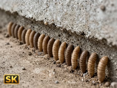 High-contrast clinical photo of subterranean termite mud tubes running along a concrete foundation wall, sharp focus.