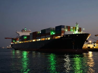 Ultra-wide cinematic view of a massive container ship docked at an international seaport at dusk, glowing green navigation lights reflecting off the dark water, anamorphic lens.