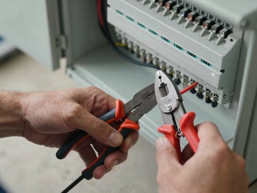 Close-up overhead shot of hands gripping wire strippers on an electrical panel cable, natural overcast daylight, concrete floor visible below