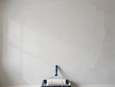 Overhead shot of a freshly painted white drywall section, paint roller resting on a tray at the bottom edge, natural daylight from a high window casting soft shadows