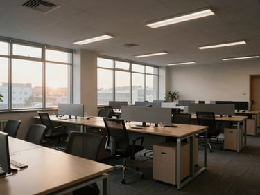 Wide environmental shot of an empty open-plan office at dawn, clean desks, chairs pushed in, morning light through large windows, no people present