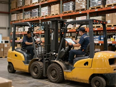 Wide shot of a warehouse interior during active work hours, forklifts and shelving in organised rows, warm work lighting, a driver checking a route map on a tablet at a workstation