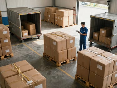 Overhead shot of an organized loading bay during work hours, parcels stacked on pallets, a worker reviewing a clipboard, natural daylight from bay doors
