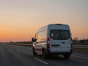 Ground-level view of a delivery van on an empty motorway at dawn, orange sky on the horizon, road stretching ahead, no driver visible
