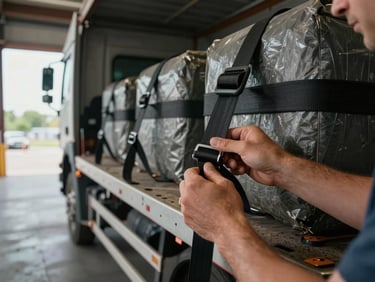 Close-up of a driver's hands securing cargo straps on a flatbed truck in a Lyon loading dock, natural warehouse light, concrete floor visible below