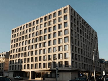 Façade d'un immeuble haussmannien parisien moderne ou d'une villa contemporaine à Oran, lignes épurées, ciel de fin de journée.
