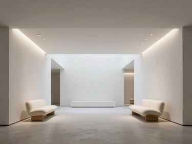 The completed architectural space, featuring pristine white walls, recessed architectural lighting, and bespoke minimalist furniture.