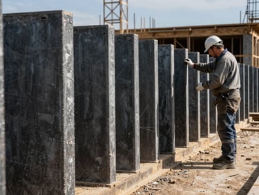 Gros œuvre de construction, poutres en béton armé alignées, ouvrier qualifié vérifiant les niveaux sous une lumière naturelle contrastée.