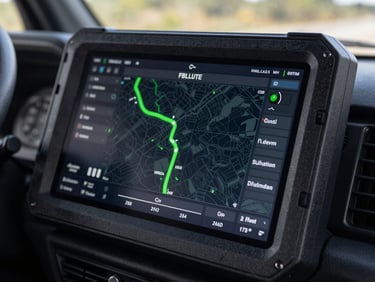 Macro close-up of a rugged digital fleet tracking dashboard on a tablet inside a truck cabin, glowing green route line on a map, high contrast, industrial UI style