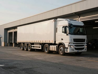 Wide shot of a semi-truck parked at a loading bay in a Lyon industrial zone, early morning natural light, concrete surroundings, muted tones