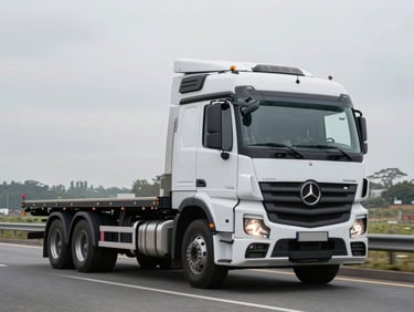 Three-quarter front view of a Mercedes Actros rigid truck on an open road, overcast daylight, loaded flatbed cargo, no driver visible