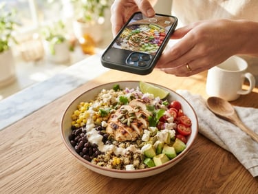 Overhead macro food shot of a vibrant high-protein chicken bowl being filmed with a smartphone in a bright, sunlit kitchen, shallow depth of field, 35mm