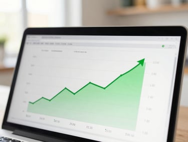 Close-up of a laptop screen showing clean analytical dashboards with upward green trend lines, bright natural light, 35mm
