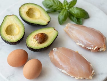 Vibrant overhead shot of fresh high-protein ingredients, avocado, eggs, and chicken breast on a white marble table, 35mm