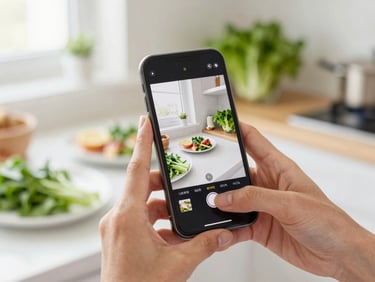 Hands holding a smartphone editing a short-form video timeline, bright daylight, kitchen background, 35mm
