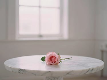 A minimalist serene spiritual space with a marble table, a single pink rose, and soft glowing light from a window, ethereal fine-art photography, 35mm