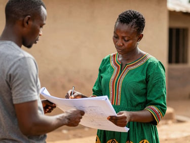 Medium shot of a woman in a deep green dress reviewing plans with a local builder, natural sunlight, vibrant African heritage colors, warm documentary photography.