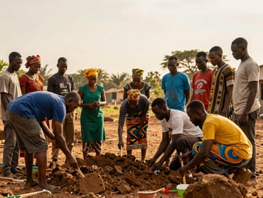 Medium shot of volunteers and local leaders working together on a community project, golden hour lighting, rich African heritage colors