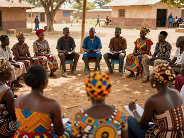 Wide environmental shot of community members gathered in a sunlit meeting space discussing plans, warm documentary photography, rich earth tones