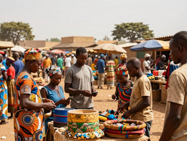 Medium shot of a vibrant local market with people collaborating, natural sunlight, 35mm lens