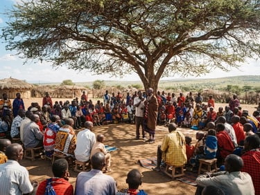 Wide environmental shot of a vibrant community meeting under a large acacia tree, natural sunlight, rich earth tones, 35mm lens.