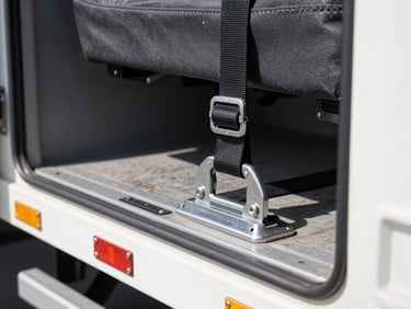 Close-up of heavy-duty cargo locks and secure straps inside an immaculate truck interior, bright daylight highlighting safety and cleanliness, sharp focus